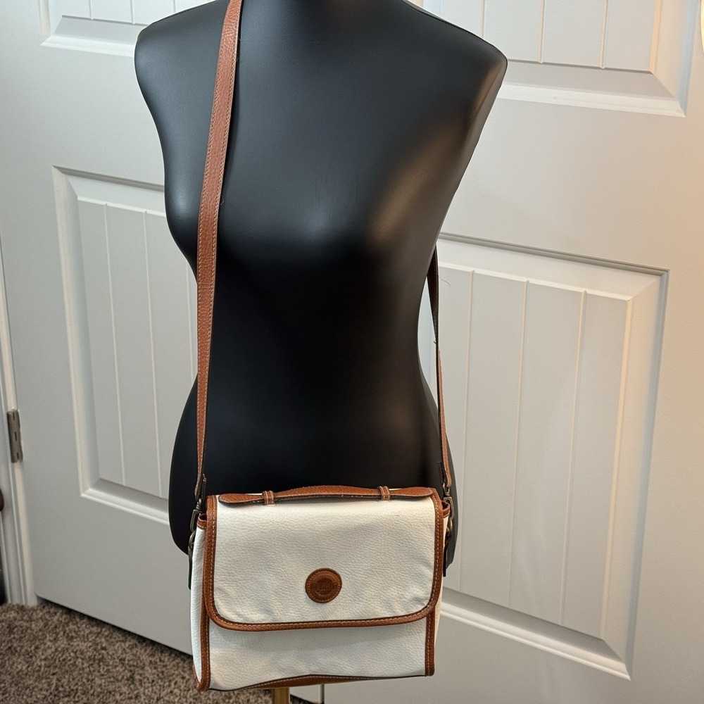 Vintage 90's Esprit Cross Body Purse‎ - White Pebble Texture with Brown Trim - Picture 2 of 7